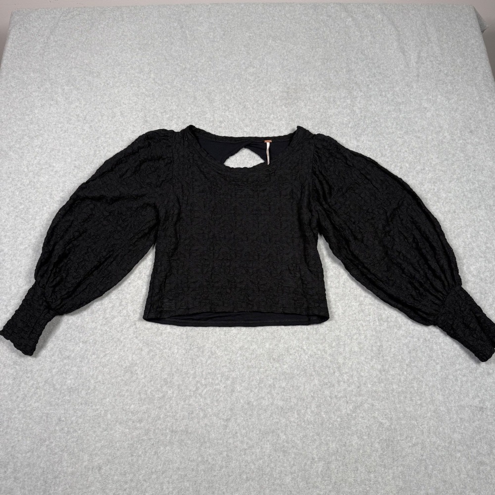 Free People Black Lace Open Back Puff Sleeve Crop Top Whimsigoth Grunge Large